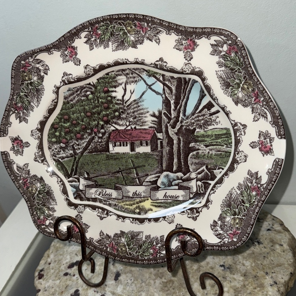 The Friendly Village Bless This House Scalloped Platter Johnson Bros England 11” - Picture 3 of 14